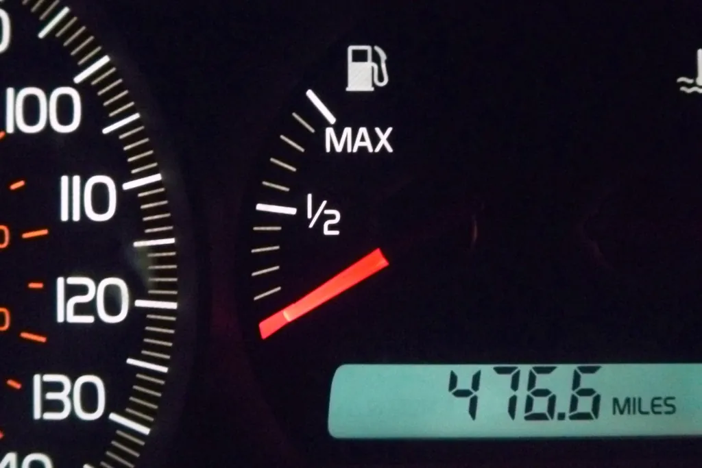 Empty fuel gauge, car dashboard